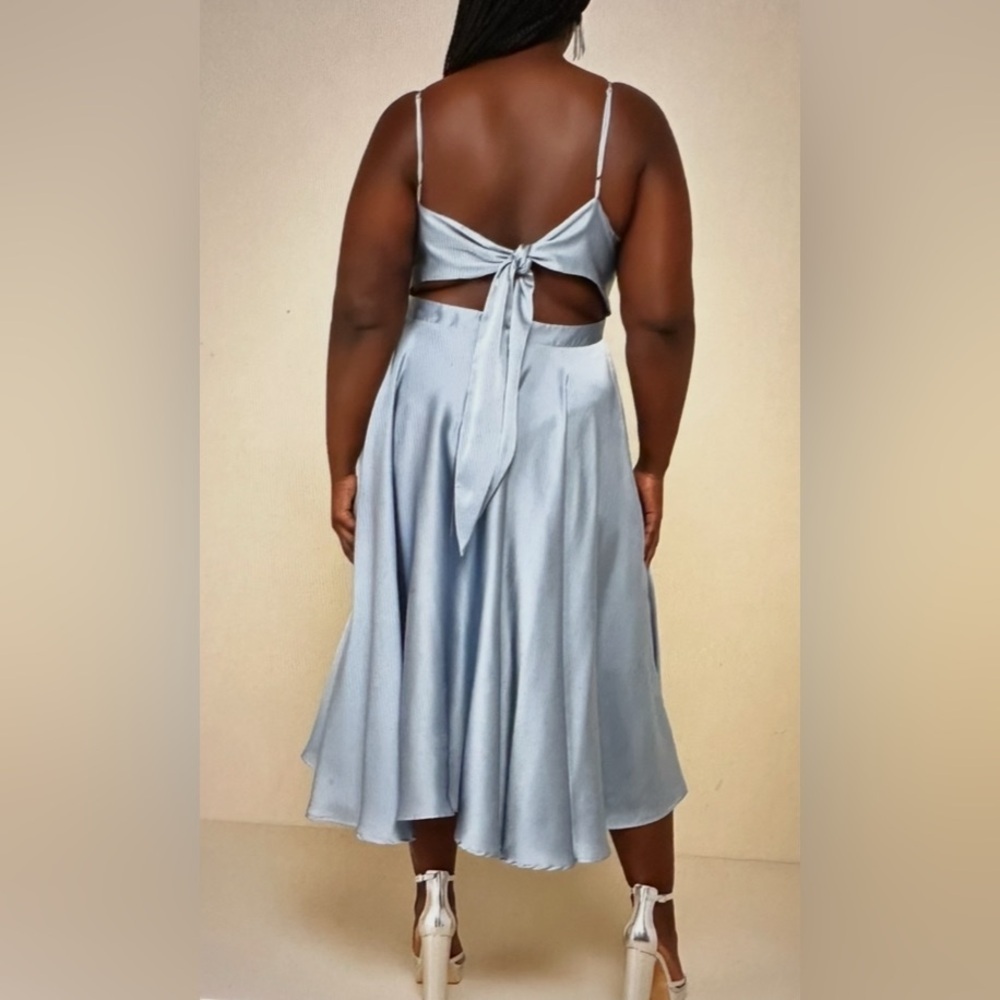 Days Like Today Blue Satin Asymmetrical Tie Back MIDI Dress. - Picture 6 of 6